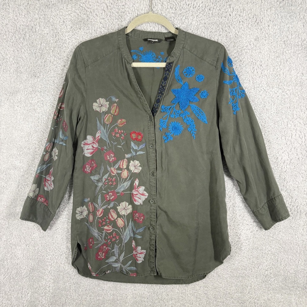 Desigual Cam Vetina Embroidered Button Up Blouse Size S Gray Green Tencel Floral